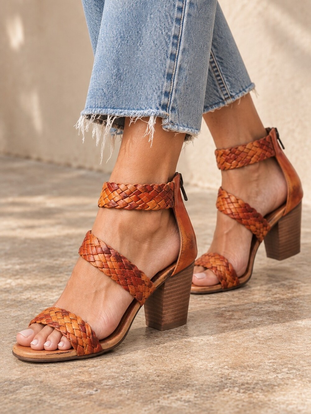 SUNDANCE Bonaire Woven Braided Italian Leather Ankle Strap Heeled Sandals EU 38